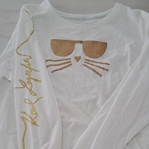 Karl Lagerfeld White and Gold Long Sleeve Tee with Cat Design